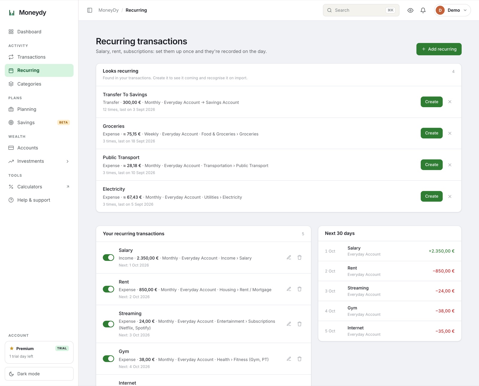 Recurring transactions: suggestions found in your history, your recurring list and the next 30 days