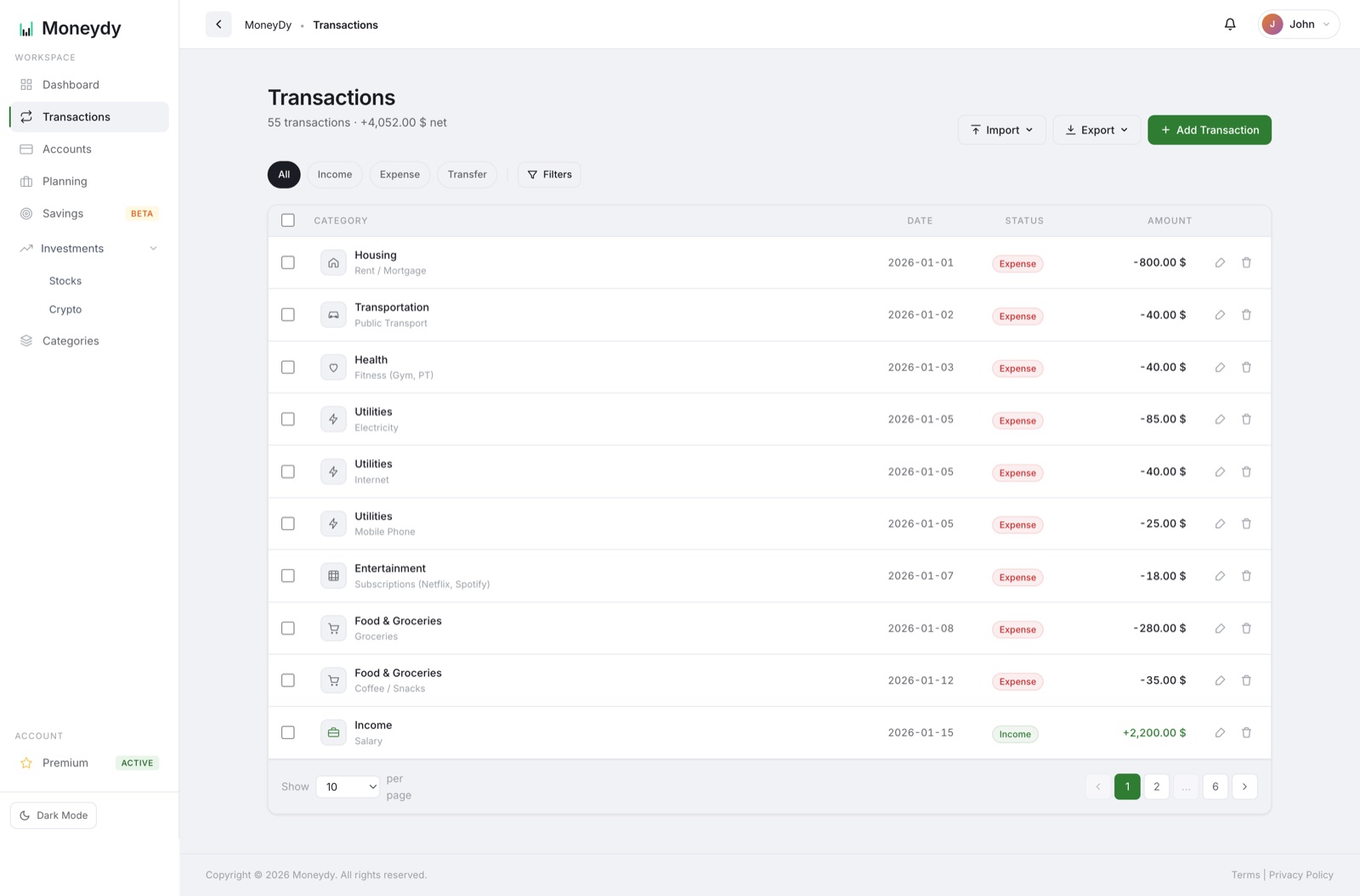 Transactions with categories